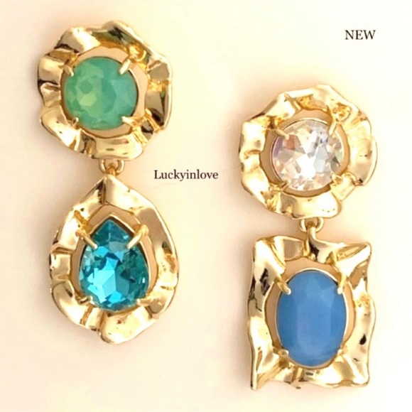 ALEXIS BITTAR• Gold Crystal Rainbow Blue Antiquities Mismatched Ruffled Earrings - Picture 4 of 10